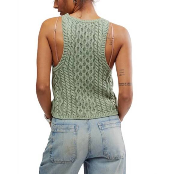 LAST ONE! Free People High Tide Cable Knit Tank Top in Green Tea Size XL NWT - Picture 3 of 5